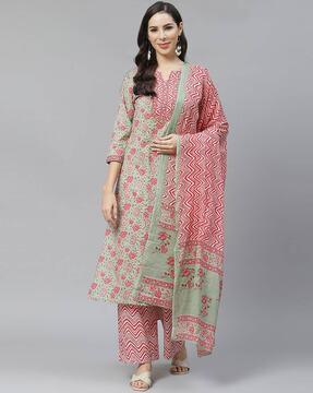 floral print straight kurta set with dupatta