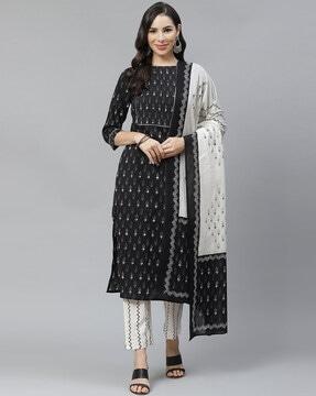 floral print straight kurta set with dupatta