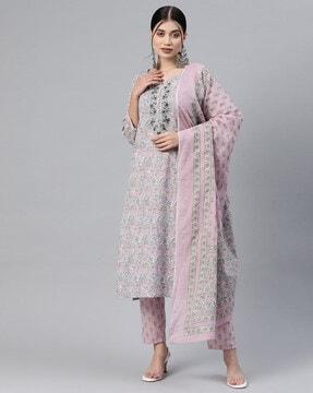 floral print straight kurta set with dupatta