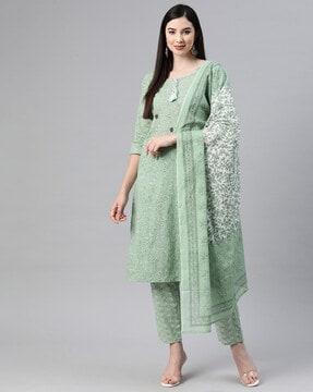 floral print straight kurta set with dupatta