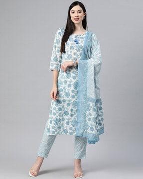 floral print straight kurta set with dupatta