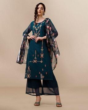 floral print straight kurta set with dupatta