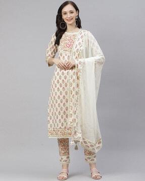 floral print straight kurta set with dupatta