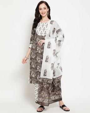 floral print straight kurta set with dupatta