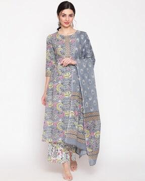 floral print straight kurta set with dupatta