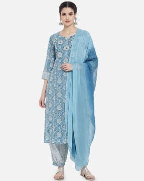 floral print straight kurta set with dupatta