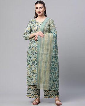 floral print straight kurta set with dupatta