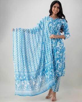 floral print straight kurta set with dupatta