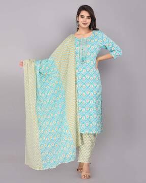 floral print straight kurta set with dupatta