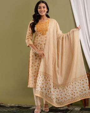 floral print straight kurta set with dupatta