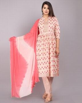 floral print straight kurta set with dupatta