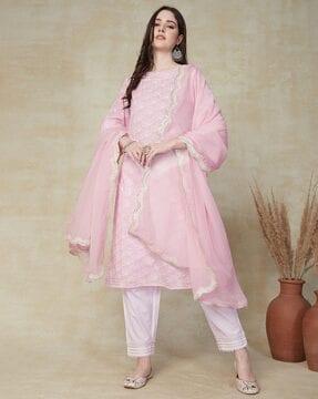 floral print straight kurta set with dupatta