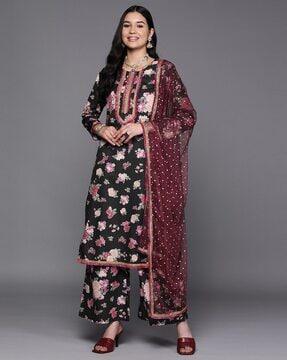 floral print straight kurta set with dupatta