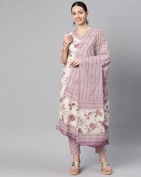 floral print straight kurta set with dupatta