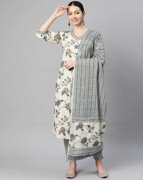 floral print straight kurta set with dupatta