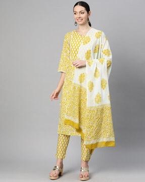 floral print straight kurta set with dupatta