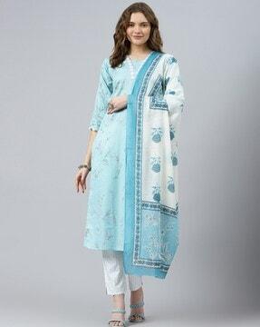 floral print straight kurta set with dupatta