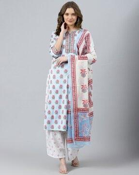 floral print straight kurta set with dupatta