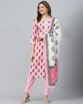 floral print straight kurta set with dupatta