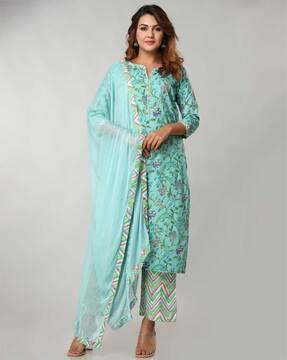 floral print straight kurta set with dupatta