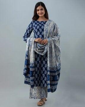 floral print straight kurta set with dupatta