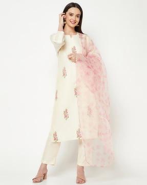 floral print straight kurta set with pants & dupatta