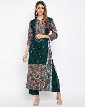 floral print straight kurta set with tie-ups