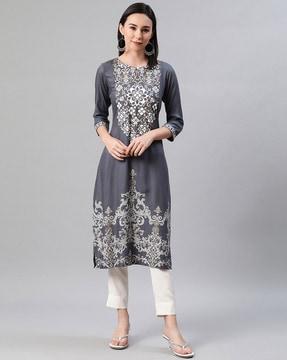 floral print straight kurta set