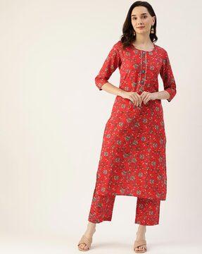 floral print straight kurta set