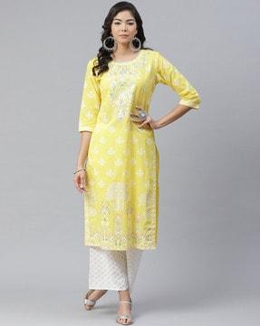 floral print straight kurta set