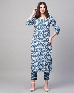 floral print straight kurta set