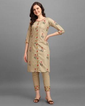 floral print straight kurta suit set