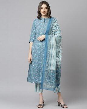 floral print straight kurta suit set