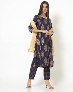 floral print straight kurta suit set