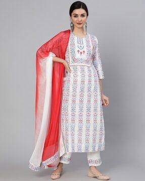 floral print straight kurta suit set