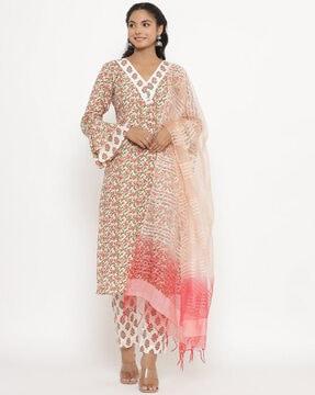 floral print straight kurta suit set