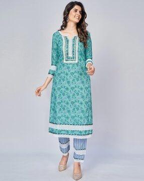 floral print straight kurta suit set