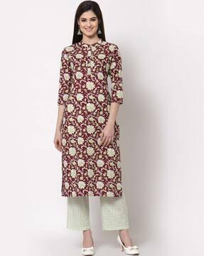 floral print straight kurta suit set