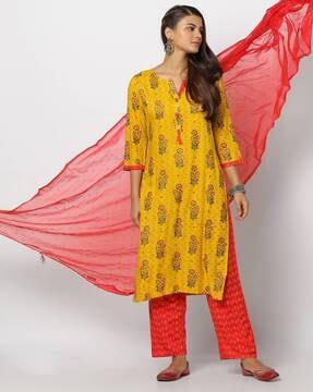 floral print straight kurta suit set