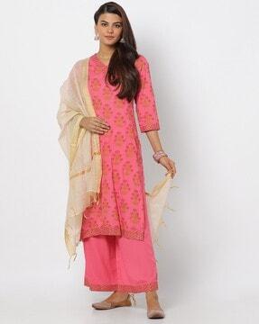 floral print straight kurta suit set