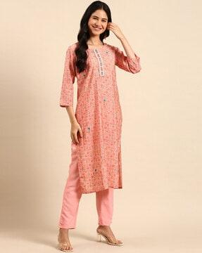 floral print straight kurta suit set