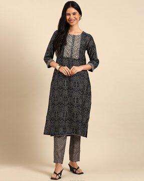 floral print straight kurta suit set