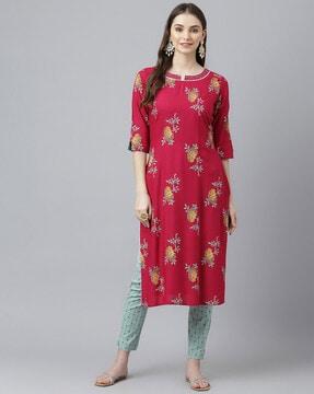 floral print straight kurta suit set