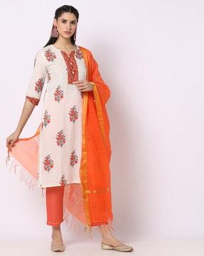 floral print straight kurta suit set