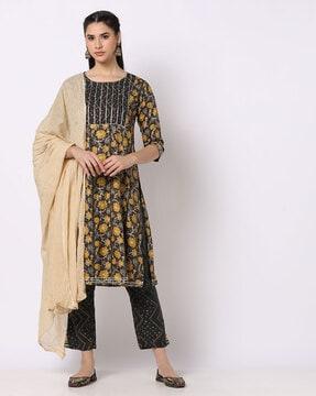 floral print straight kurta suit set