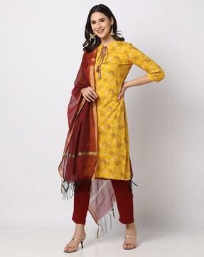 floral print straight kurta suit set