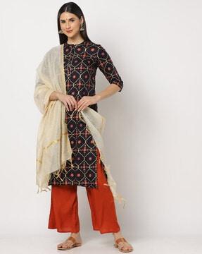 floral print straight kurta suit set