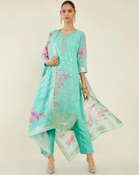 floral print straight kurta suit set