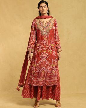 floral print straight kurta suit set