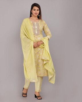 floral print straight kurta suit set